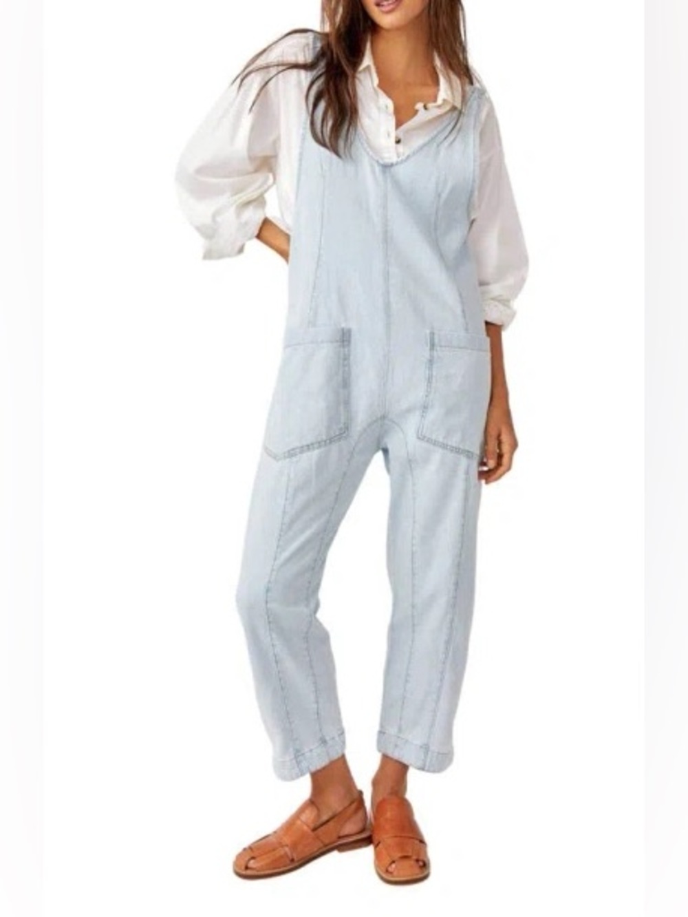 Free people high roller light wash denim jumpsuit overalls cotton size small